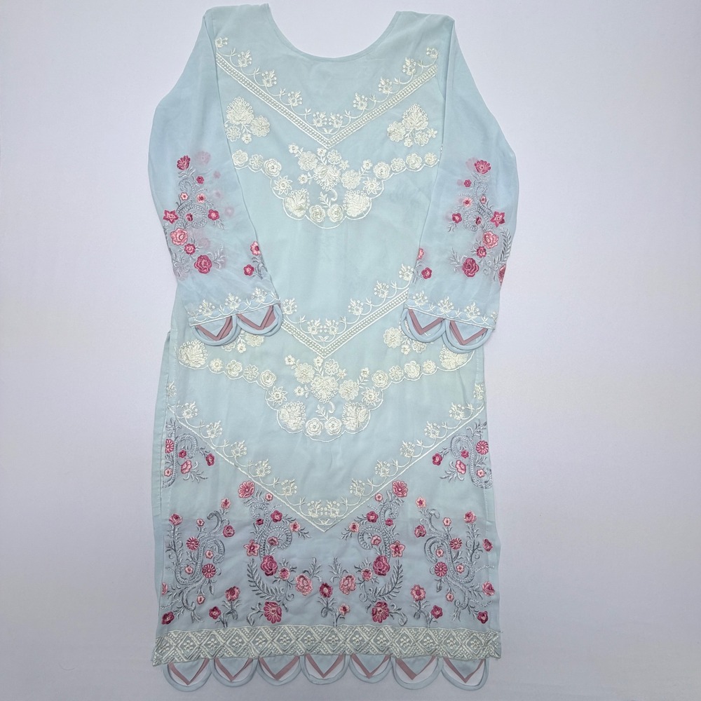 Laiba The Designer Studio XL Light Blue Embroidered Kurta Tunic Scalloped Hem